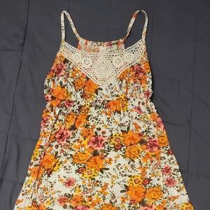 Floral Crochet Yoke Sundress in White with Orange & Pink Flowers